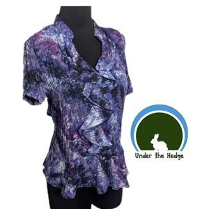 Vtg ALLISON TAYLOR Purple Abstract Short Sleeve Ruffle Top Medium I-2 Whimsigoth
